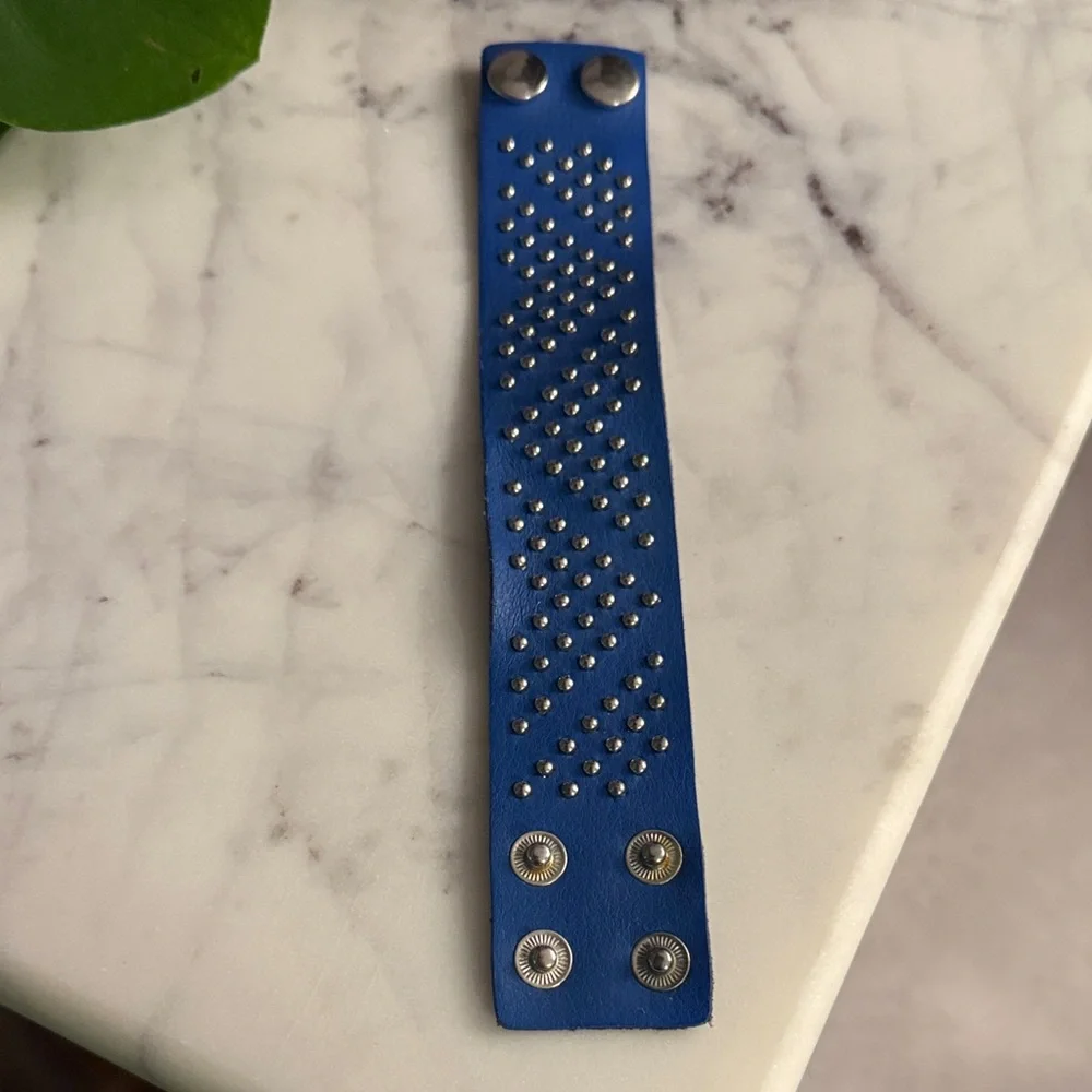 Blue Studded Leather Wristband
